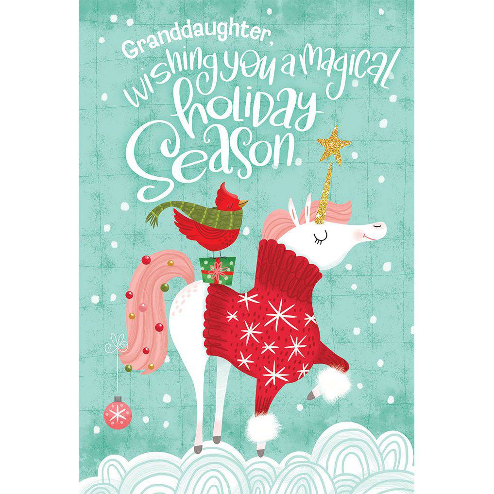 Colorful unicorn Christmas card for granddaughter by Pictura featuring festive holiday design and cheerful holiday greeting.